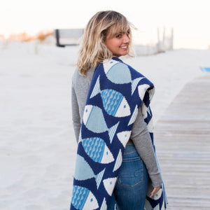 50x60 inch Big Fish throw blanket, made in the USA from mostly recycled materials, perfect for coastal-inspired living spaces.