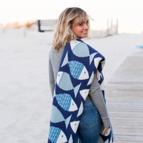 50x60 inch Big Fish throw blanket, made in the USA from mostly recycled materials, perfect for coastal-inspired living spaces.