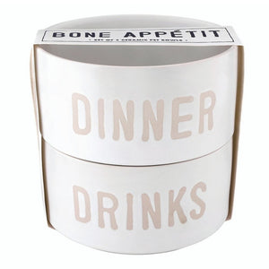 Stackable ceramic pet bowls with dinner and drinks lettering