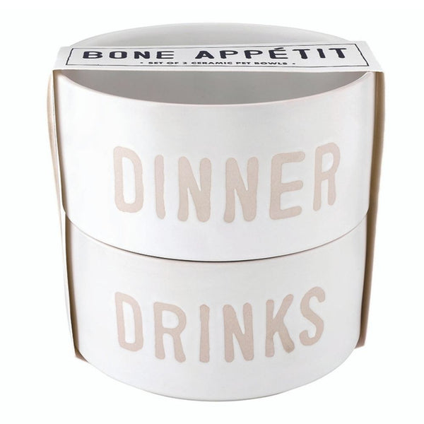 Stackable ceramic pet bowls with dinner and drinks lettering