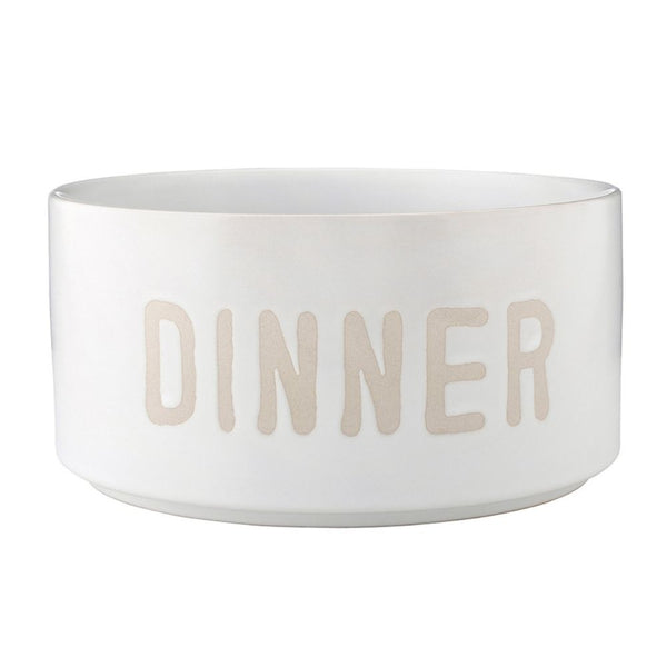 Stoneware pet bowl with debossed “Dinner” text