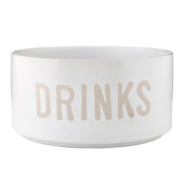Stoneware pet bowl with debossed “Drinks” text