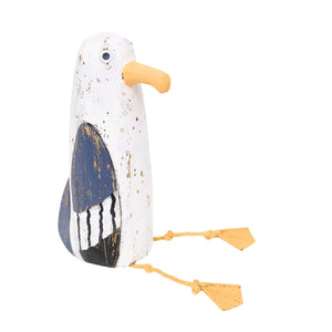 The largest distressed wooden seagull, shown in a sitting position with weathered blue wing details and knotted rope legs.