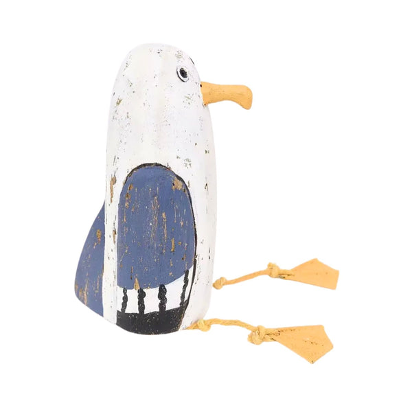 A mid-sized wooden seagull figurine with a rustic, hand-painted finish and flexible rope legs.