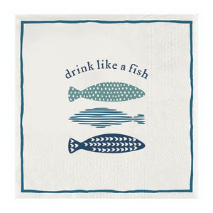 Cocktail napkins with “Drink Like a Fish” fish design in coastal blue tones