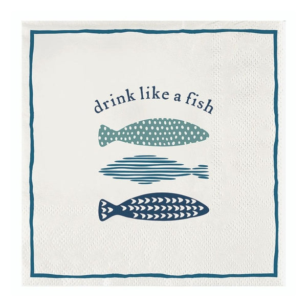 Cocktail napkins with “Drink Like a Fish” fish design in coastal blue tones