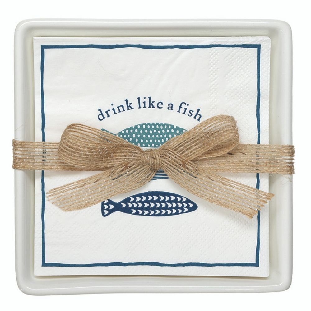 Ceramic napkin tray with “Drink Like a Fish” napkins wrapped with burlap ribbon