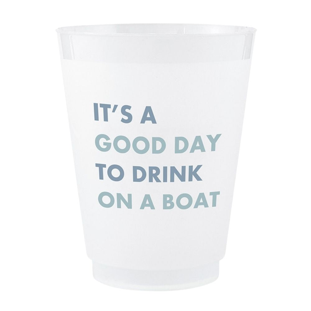 Close-up of frosted 16 oz cup with coastal blue “It’s a Good Day to Drink on a Boat” lettering