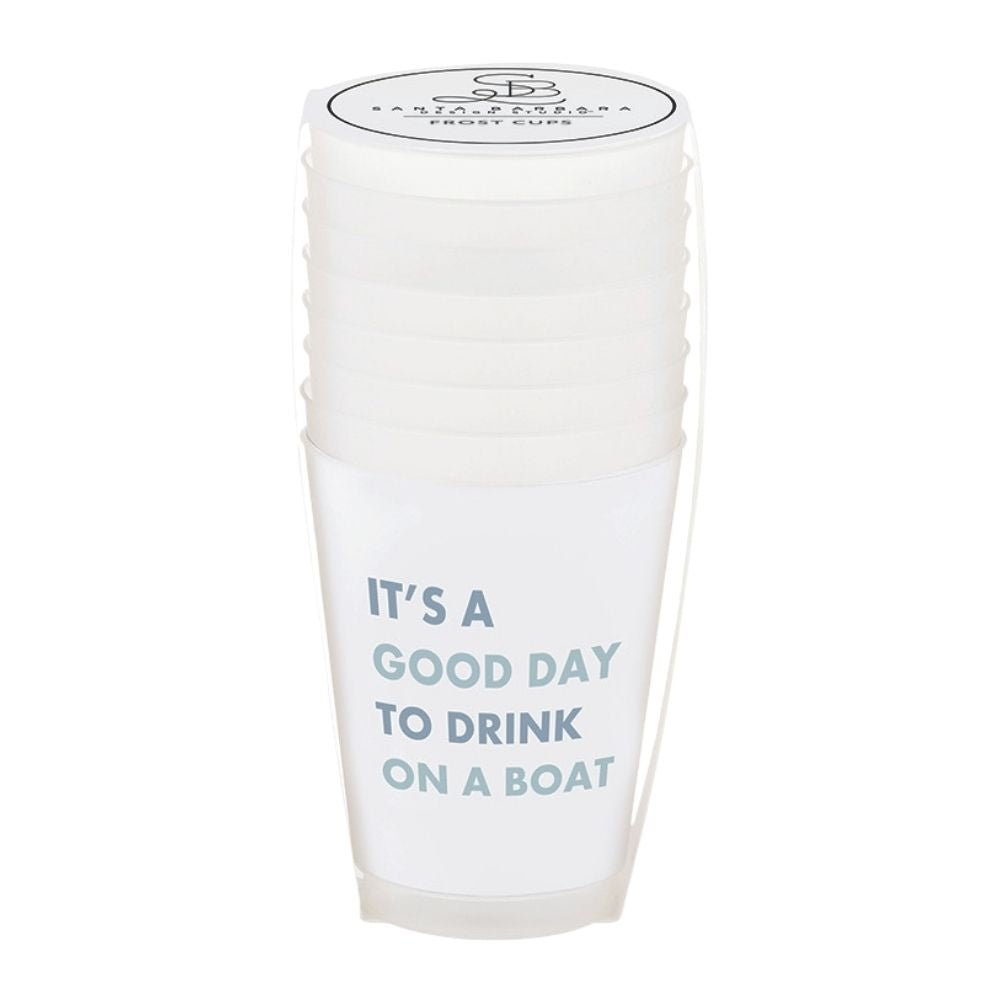 Close-up of frosted 16 oz cup with coastal blue “It’s a Good Day to Drink on a Boat” lettering