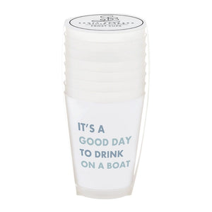 Packaged set of 8 “Drinks On The Boat” 16 oz frost cups stacked in clear wrap