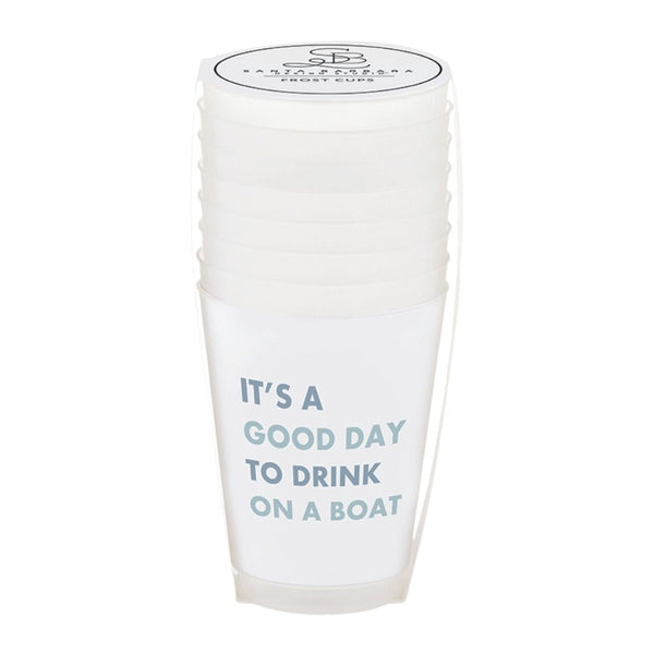 Packaged set of 8 “Drinks On The Boat” 16 oz frost cups stacked in clear wrap
