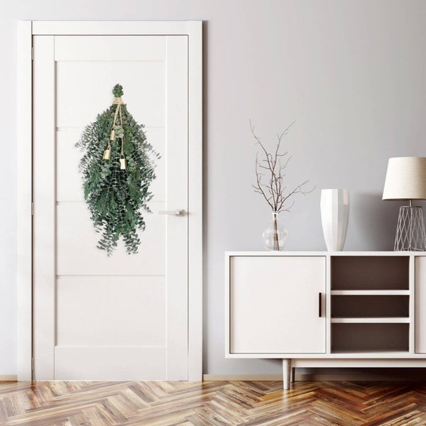 Festive greenery swag made of juniper and eucalyptus with bells for Christmas décor, 28" x 5" x 10" seasonal home decor