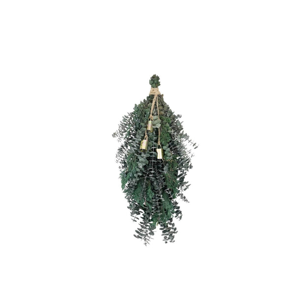 Juniper & eucalyptus holiday swag with gold bells and jute rope, coastal holiday decor