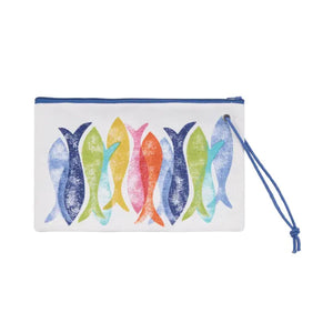 A lightweight fabric pouch featuring a playful coastal fish pattern on crisp white fabric , perfect for organizing small essentials at home or on the go.