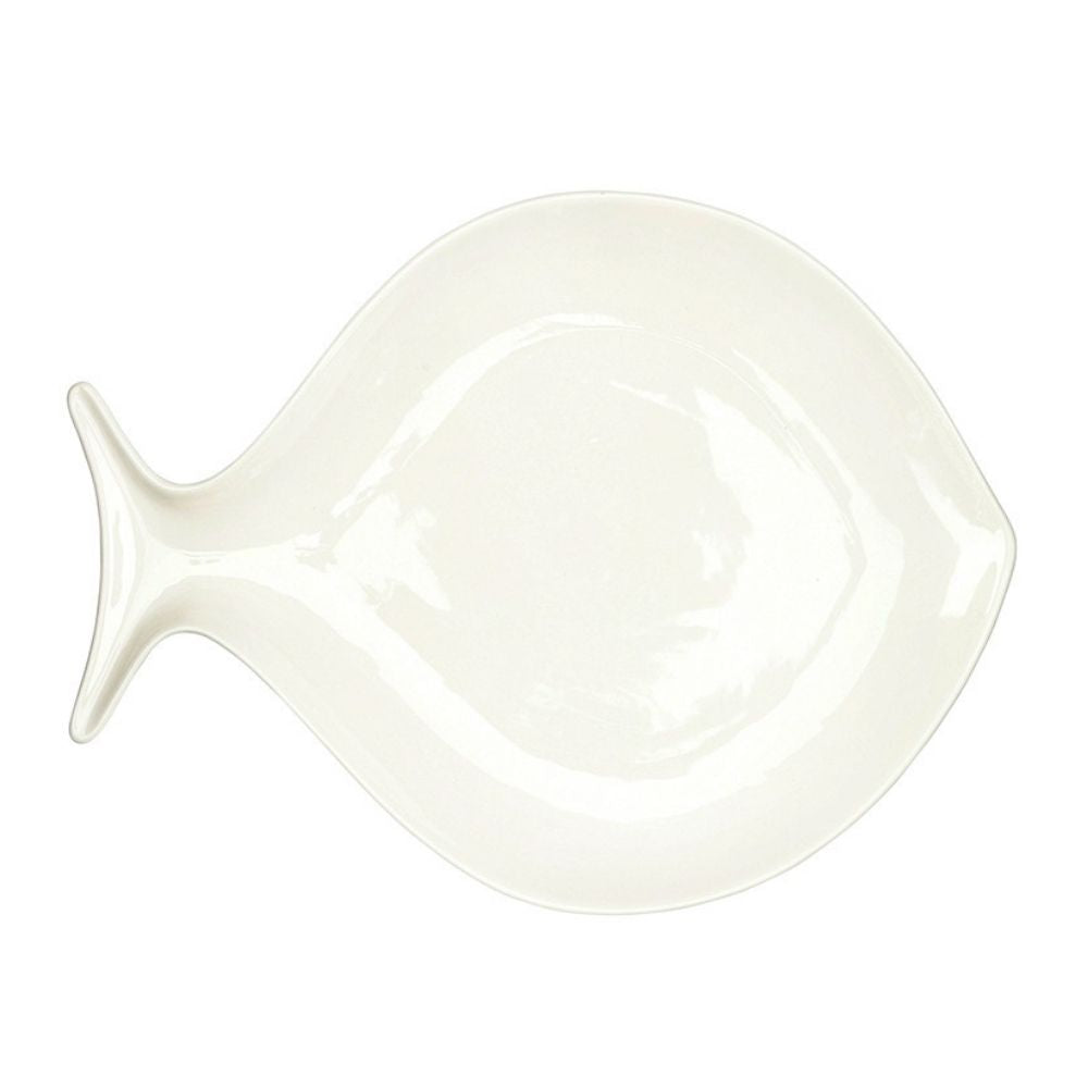 Large white ceramic fish-shaped serving platter with smooth glaze 