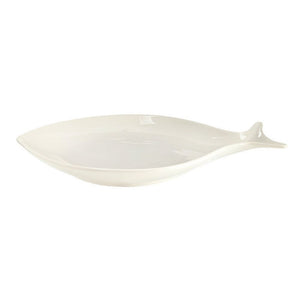 Large white ceramic fish-shaped serving platter with smooth glaze