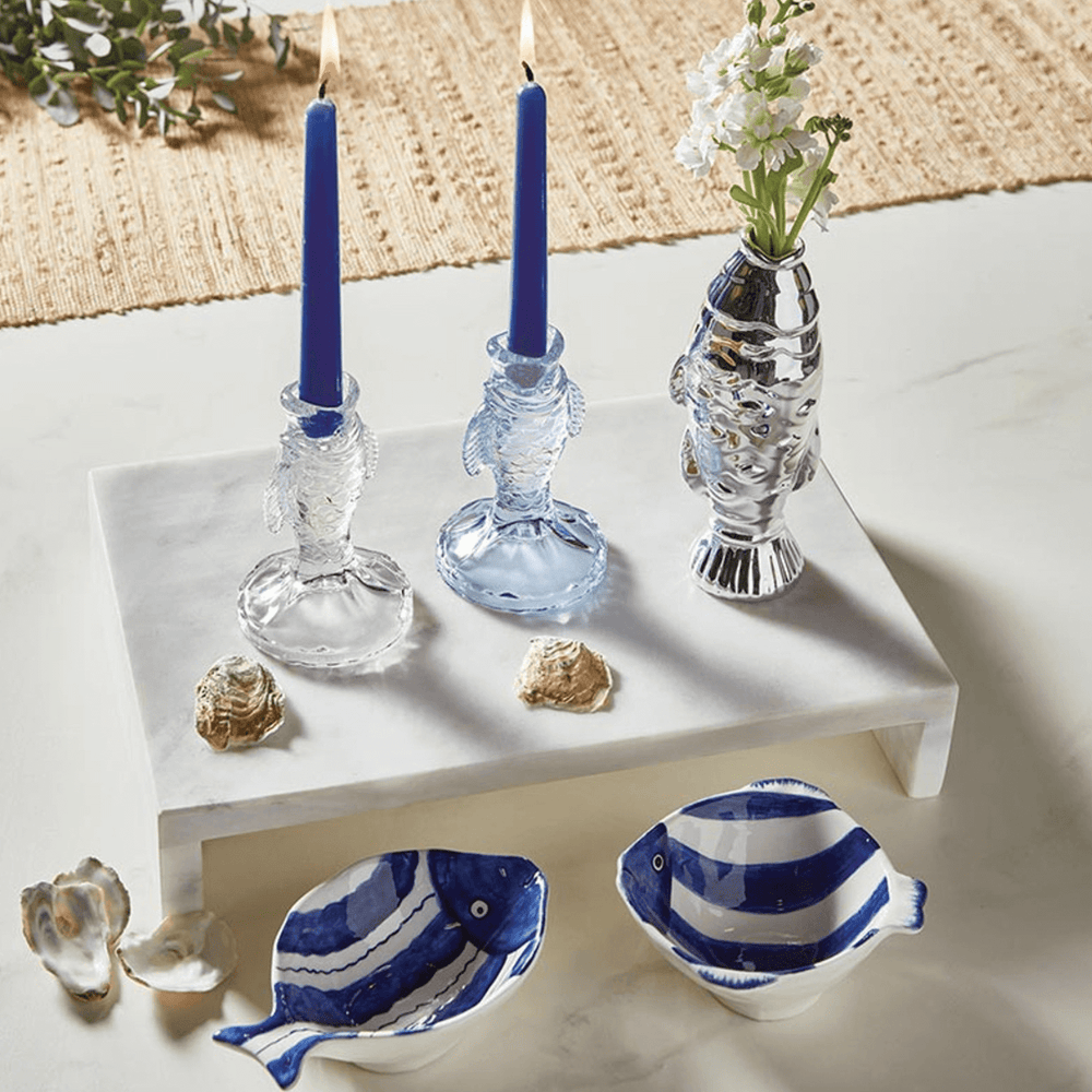 Blue fish taper candle holder for nautical home décor