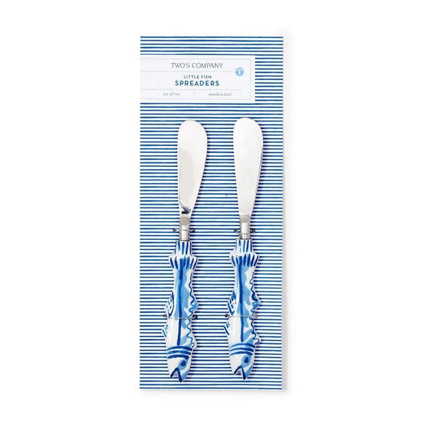 Set of two coastal-themed fish handle spreaders made of stainless steel, aluminum, and enamel, perfect for serving cheese, butter, or dips with seaside charm.