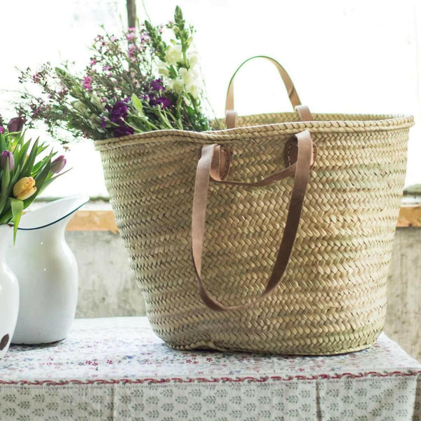 Large Handbag, French Market Basket, Palm Leaf Basket with Leather Handles