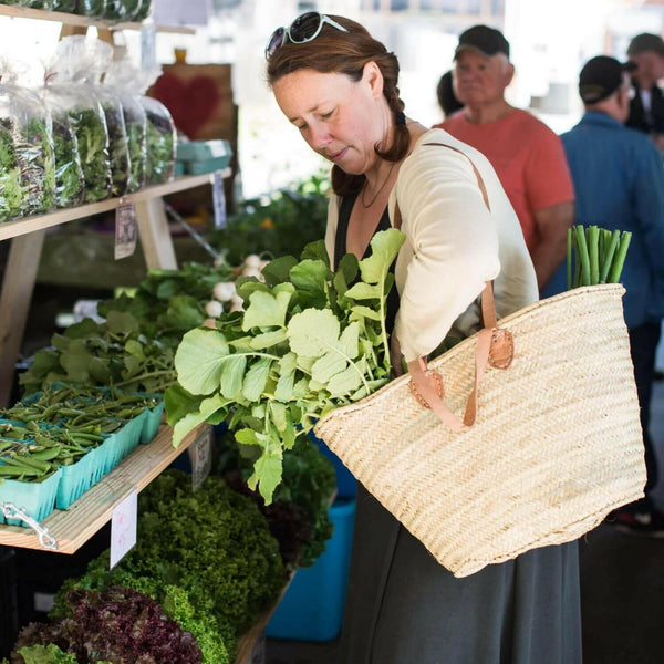 Large Handbag, French Market Basket, Palm Leaf Basket with Leather Handles