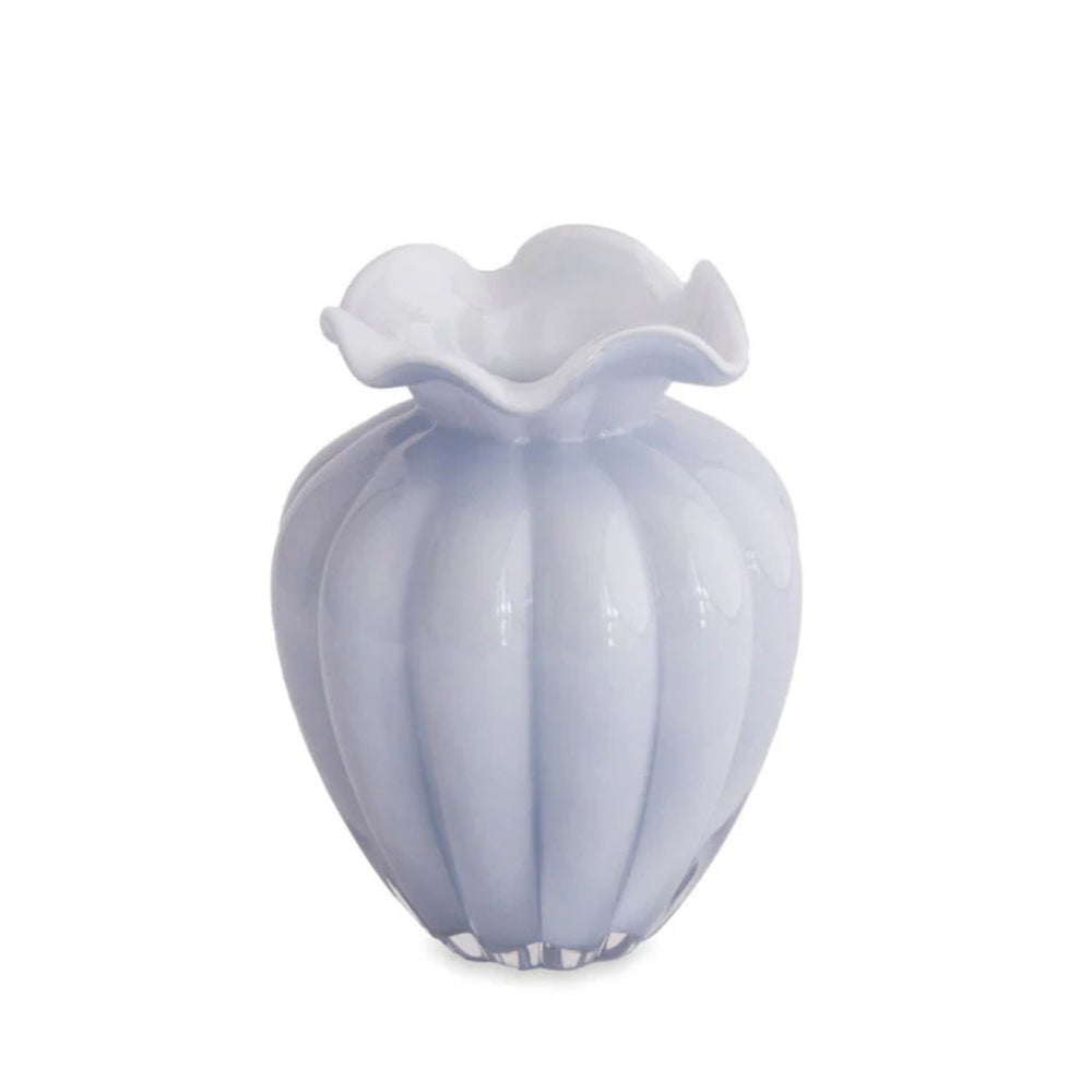 Handmade periwinkle glass vase with a sleek, sculptural design, perfect for fresh flowers or as a centerpiece.