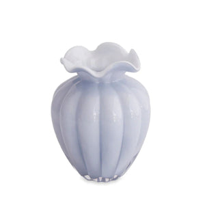 Handmade periwinkle glass vase with a sleek, sculptural design, perfect for fresh flowers or as a centerpiece.