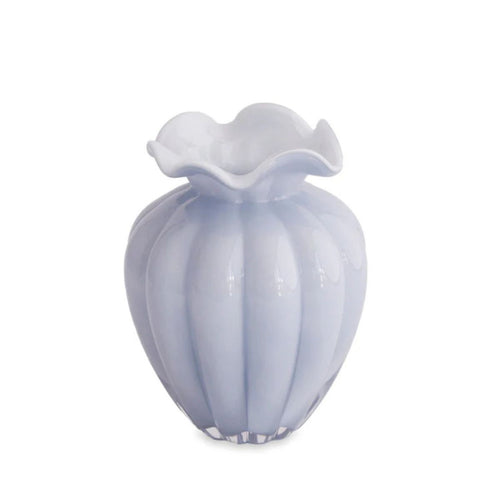 Handmade periwinkle glass vase with a sleek, sculptural design, perfect for fresh flowers or as a centerpiece.