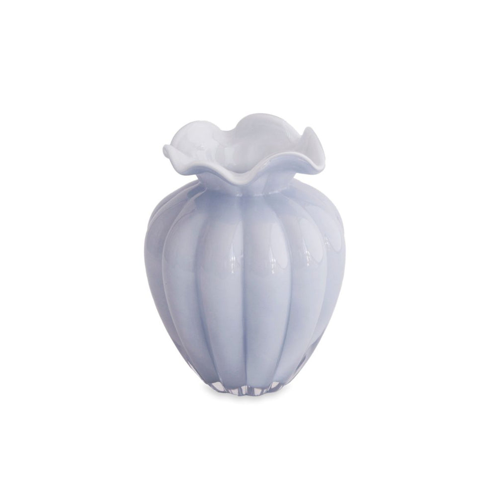 Handmade periwinkle glass vase with a sleek, sculptural design, perfect for fresh flowers or as a centerpiece.