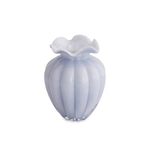 Handmade periwinkle glass vase with a sleek, sculptural design, perfect for fresh flowers or as a centerpiece.