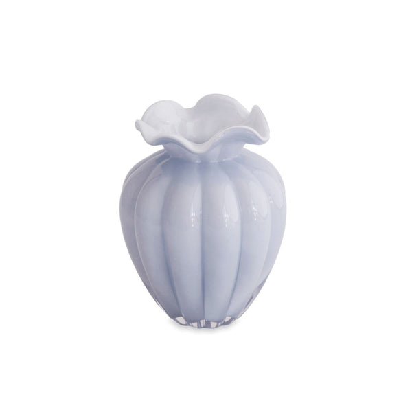Handmade periwinkle glass vase with a sleek, sculptural design, perfect for fresh flowers or as a centerpiece.