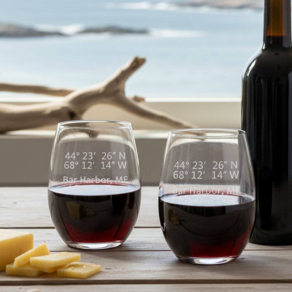 Custom Engraved Latitude & Longitude Stemless Wine Glasses