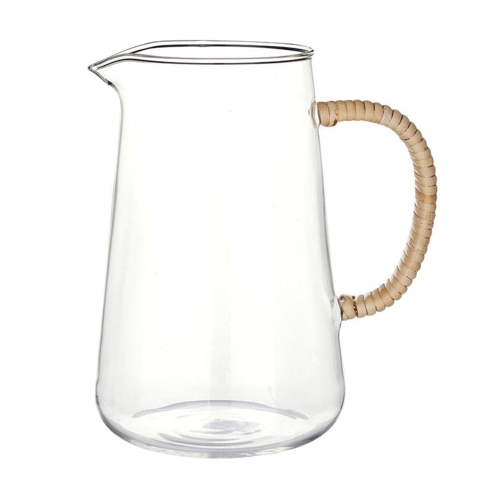 Glass pitcher with natural rattan handle, 37 oz.