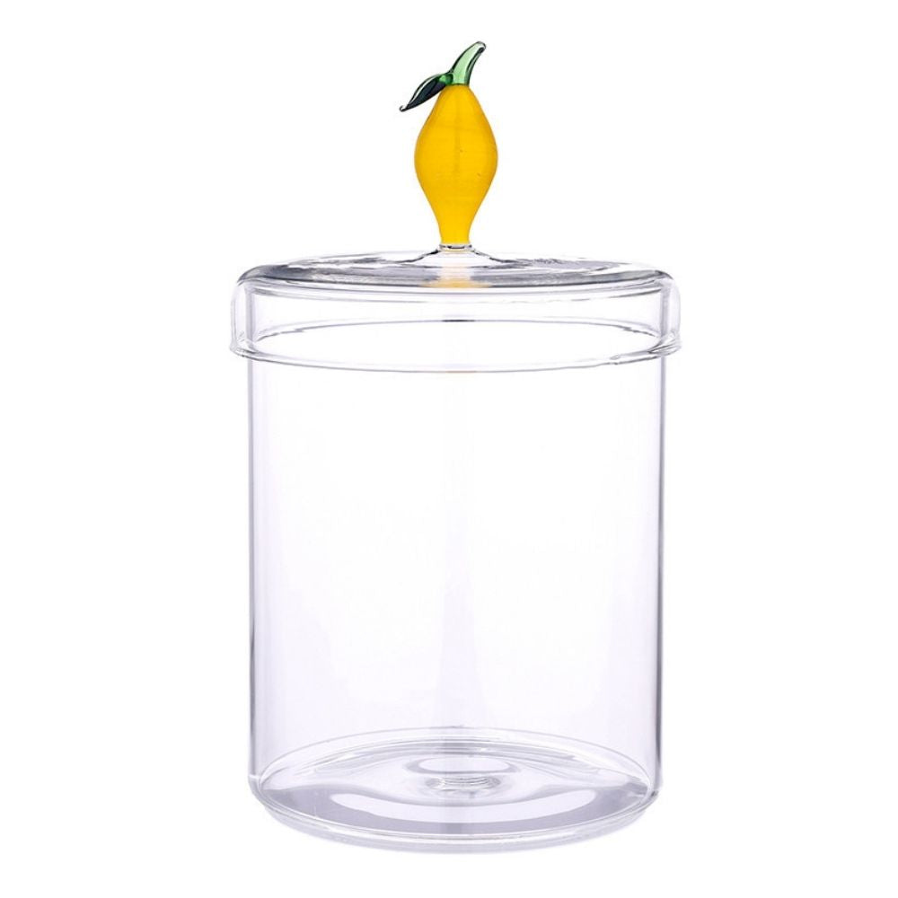 Clear glass storage jar with decorative lemon lid for pantry or countertop storage