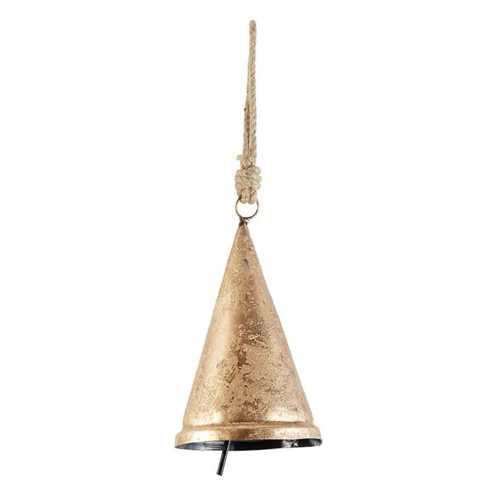Rustic iron bell with a gold-toned finish and natural rope hanger, offering a warm coastal touch.