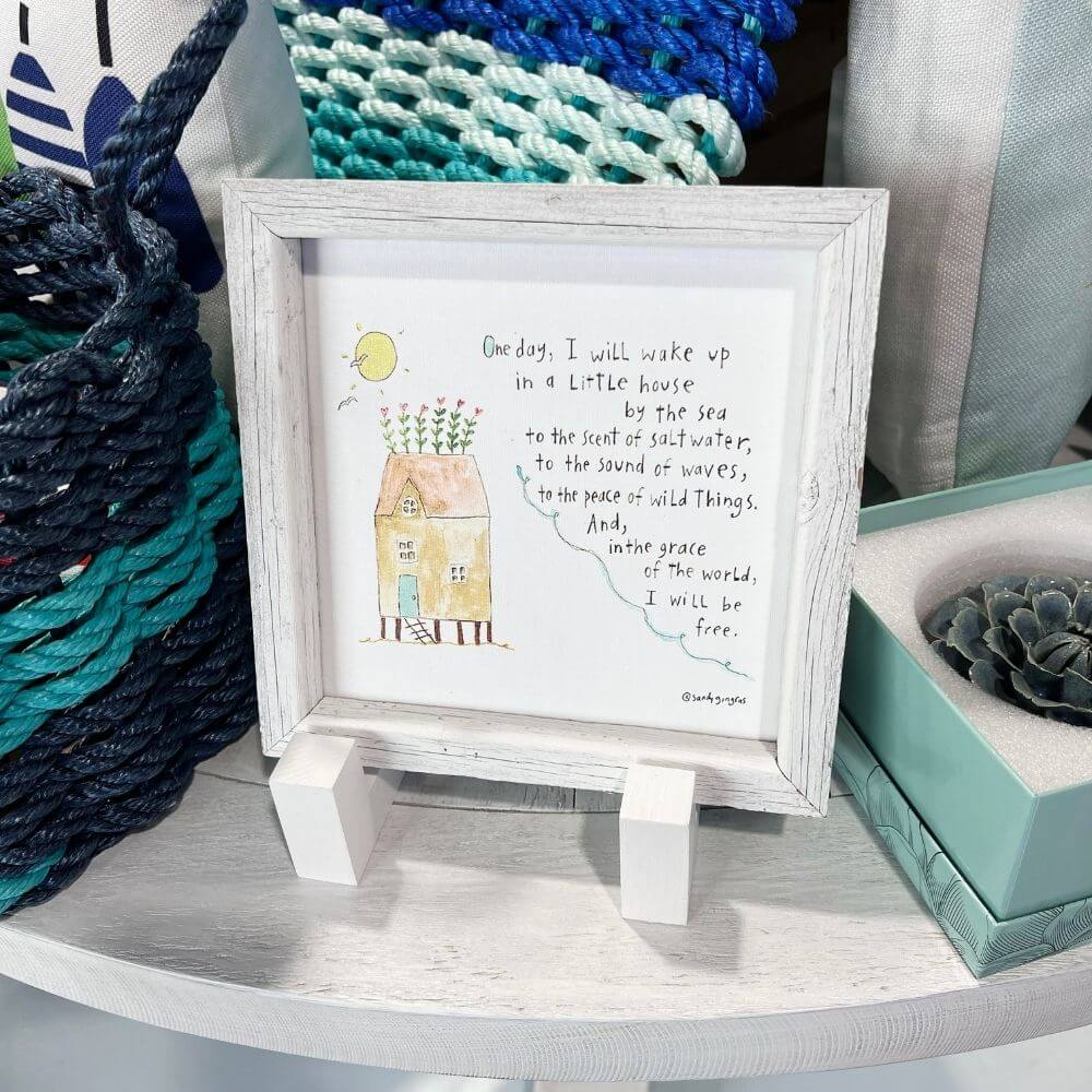 "Grace of the World"  8.25 x 8.25 Colorful Coastal Art, Reclaimed White Wood Frame