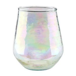 Close-up of grey luster wine glass with soft iridescent finish