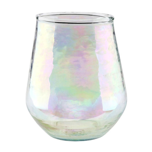 Close-up of grey luster wine glass with soft iridescent finish