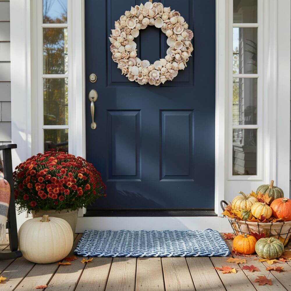 Fall front porch decoration featuring a navy blue door with a floral wreath, pumpkins, and autumn leaves arranged on a rustic wooden porch, perfect for cozy seasonal home décor inspiration.