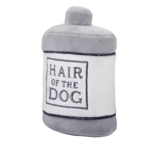 Gray and white plush squeaker dog toy with Hair of the Dog embroidery