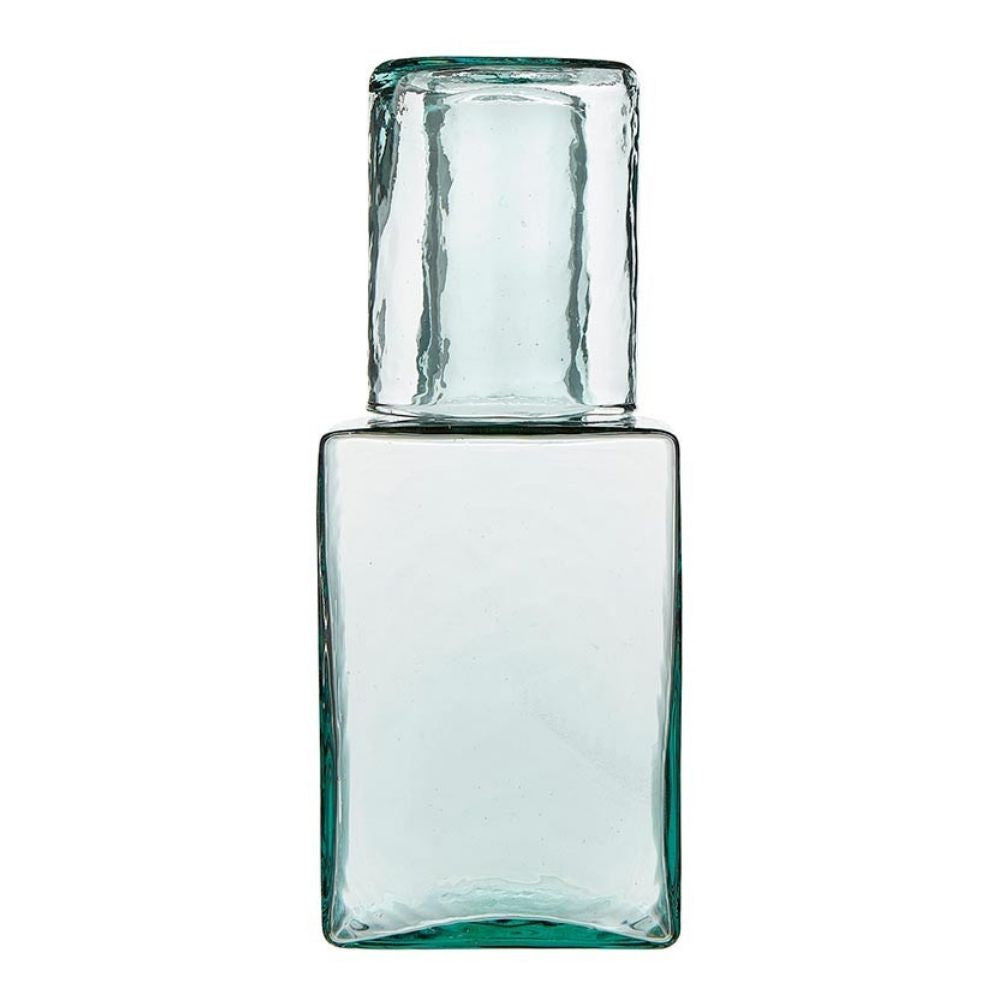 Hammered recycled glass carafe with matching tumbler lid on top