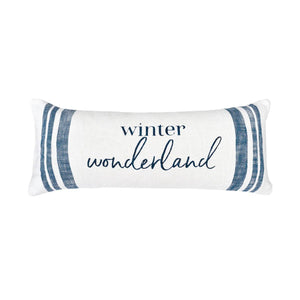Oversized cotton pillow featuring classic stripes and a festive winter message for cozy seasonal décor.