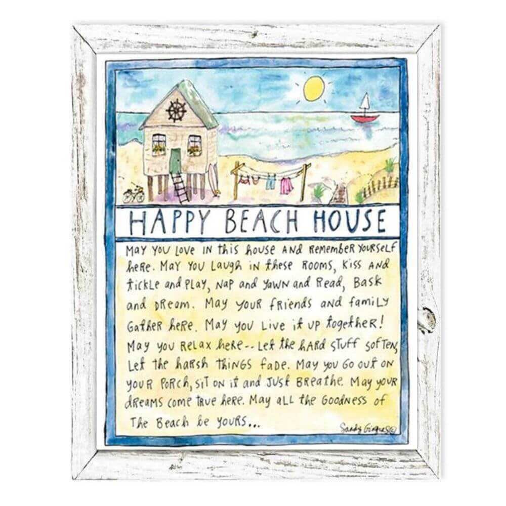 Happy Beach House 7.75 x 9.75 Coastal Art, Reclaimed White Wood Frame