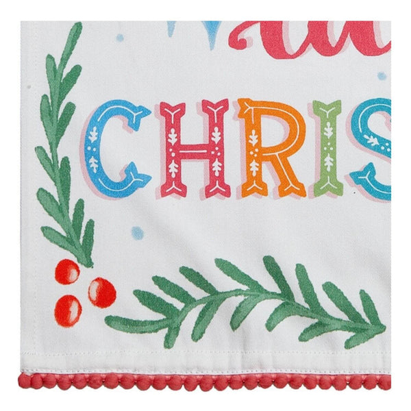 Whimsical Christmas cotton kitchen towel with red pompom edge, ideal for drying dishes or gifting during the holiday season.