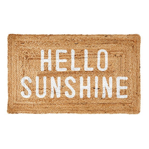 Woven jute welcome mat with Hello Sunshine lettering