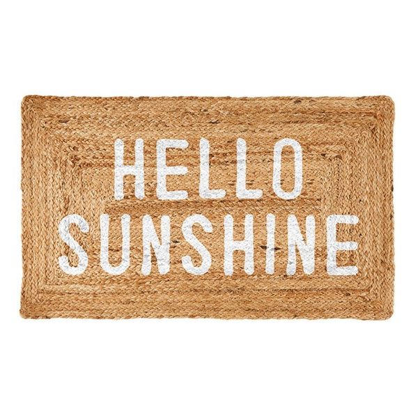 Woven jute welcome mat with Hello Sunshine lettering