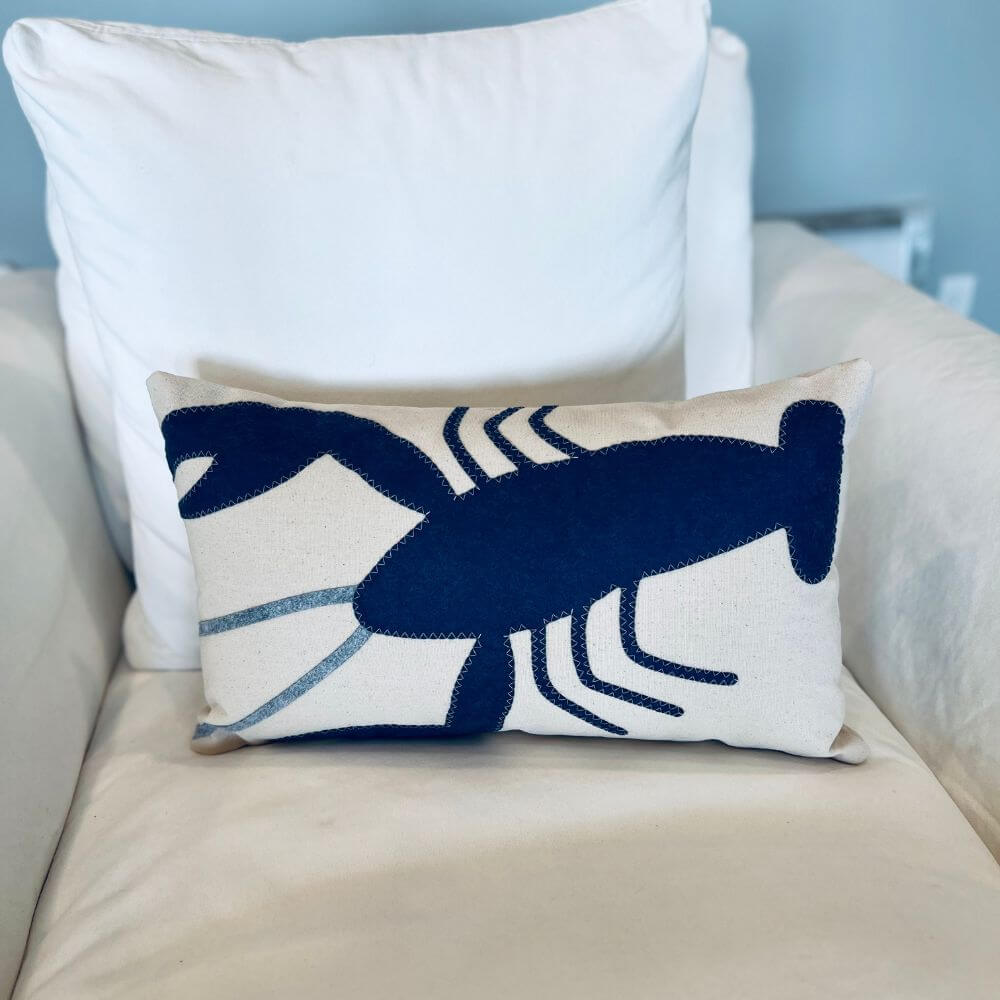 Lobster Lumbar Pillow, Blue on Natural Heavyweight Canvas (14" x 21"), Handstitched
