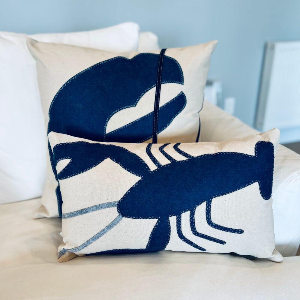 Heritage Lobster Lumbar Pillow, Blue on Natural Canvas (14" x 21")