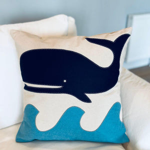 Whale on Wave Pillow, 22”, Handstitched, Heavyweight Cotton Canvas