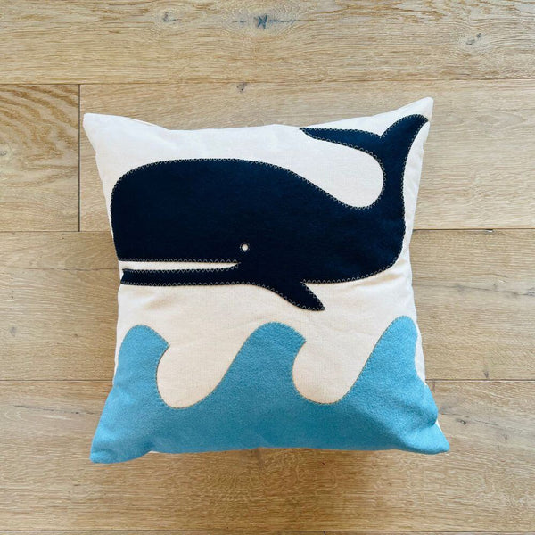 Whale on Wave Pillow, 22”, Handstitched, Heavyweight Cotton Canvas