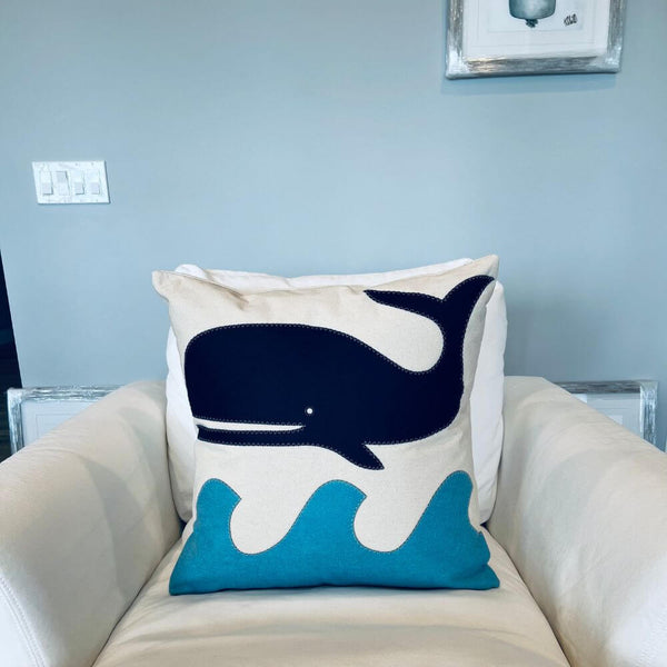 Whale on Wave Pillow, 22”, Handstitched, Heavyweight Cotton Canvas
